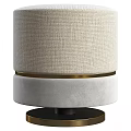Round Beige Textured Fabric Upholstered Ottoman With White And Gold Layered Base