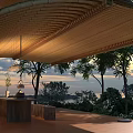 Outdoor Wooden Structure With Canopy Roof Stairs And Deck Surrounded By Trees And Evening Sky