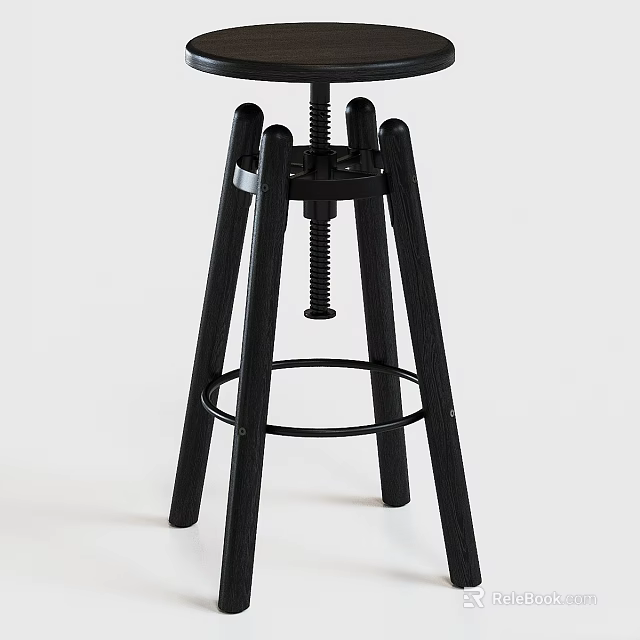 Black Wooden Adjustable High Stool With Screw Mechanism And Footrest Ring 3d model 