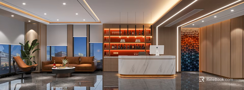 Modern Front Desk Reception Interior With Marble Countertop Wine Rack And Sofa 3d model