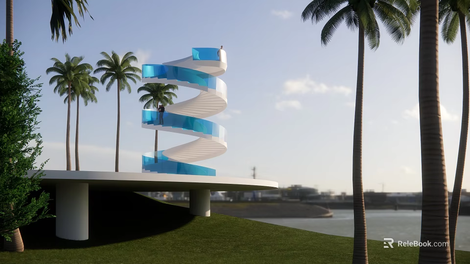 Outdoor Blue Spiral Staircase Design With Palm Trees Near Waterfront Grass Area 3d model 