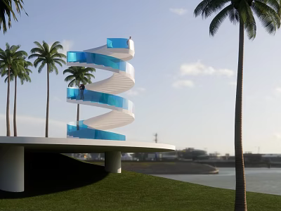 Outdoor Blue Spiral Staircase Design With Palm Trees Near Waterfront Grass Area 3d model