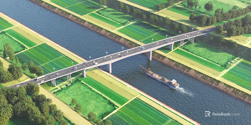 Scenic Bridge Over River With Cargo Ship Green Farmland And Trees 3d model 
