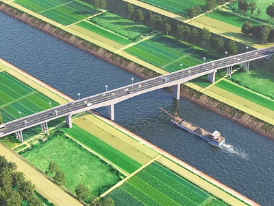 Scenic Bridge Over River With Cargo Ship Green Farmland And Trees 3d model