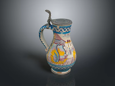 Decorative Household Ceramic Pitcher With Blue Yellow Patterns Curved Handle And Ornate Lid 3d model