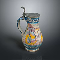 Decorative Household Ceramic Pitcher With Blue Yellow Patterns Curved Handle And Ornate Lid