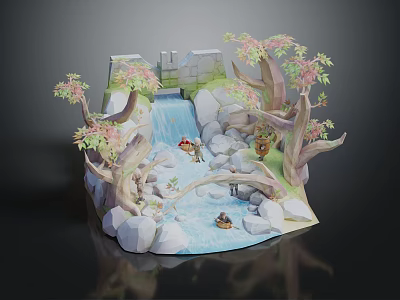 Paper Craft Cartoon Scene With Waterfall Stream Rocks Trees And Small Animals 3d model