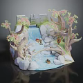 Paper Craft Cartoon Scene With Waterfall Stream Rocks Trees And Small Animals
