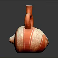 Sculpture Carving of Orange Ceramic Vessel With Loop Handles And White Stripes