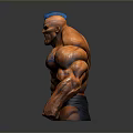 Muscular Game And Movie Character With Orange Skin Blue Patterns Spiked Head And Fierce Expression