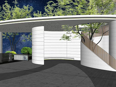 Modern Building Facade with White Curved Design and Green Plant Surroundings 3d model