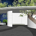 Modern Building Facade with White Curved Design and Green Plant Surroundings