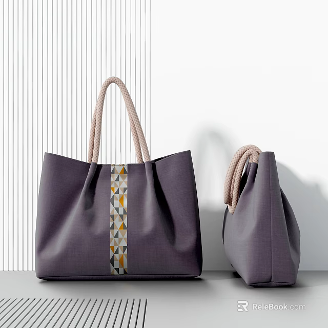 Two Stylish Gray Bags With Braided Handles And Geometric Pattern Decorative Strap 3d model 