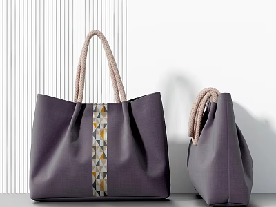 Two Stylish Gray Bags With Braided Handles And Geometric Pattern Decorative Strap 3d model