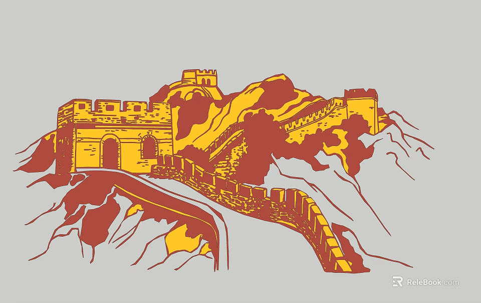 Great Wall Themed Wall Decor In Illustration Style With Vibrant Red And Gold Tones 3d model 