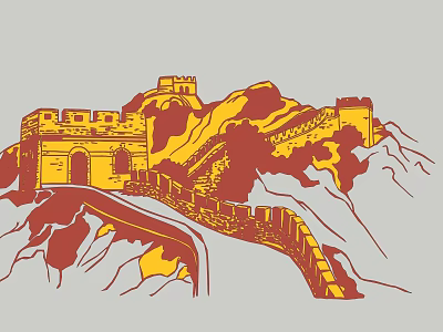 Great Wall Themed Wall Decor In Illustration Style With Vibrant Red And Gold Tones 3d model