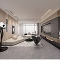 Modern Living And Dining Room Design With Beige Sofa Black Chairs Marble Floor TV Wall