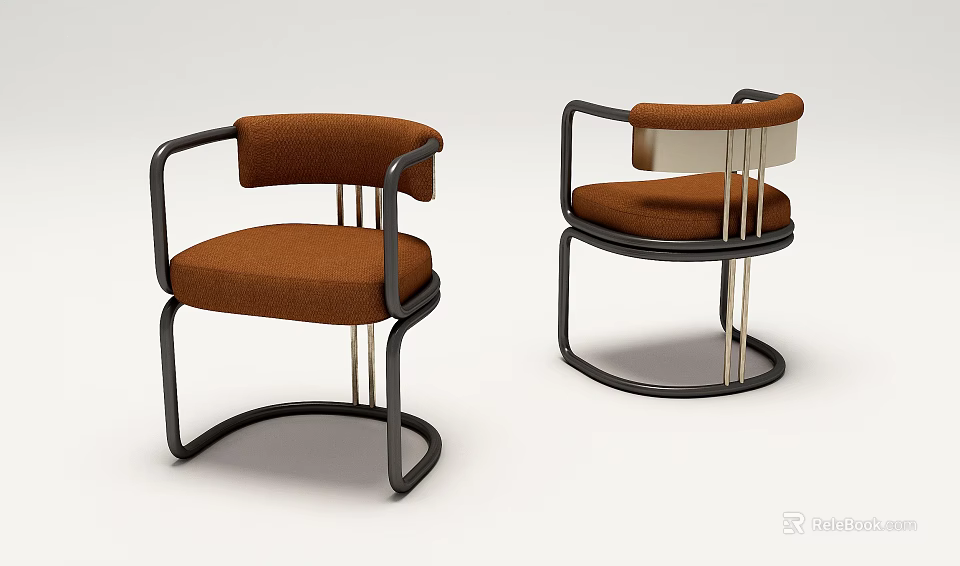 Modern Brown Upholstered Leisure Chairs With Black Silver Metal Frame And Minimalist Design 3d model 