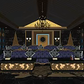 Luxurious KTV Room Interior Design With Chandelier Blue Lighting Golden Decorations And Comfortable Sofas