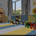 Modern Kindergarten Classroom With Wooden Ceiling Round Lights Tables Chairs Bookshelves And Toys