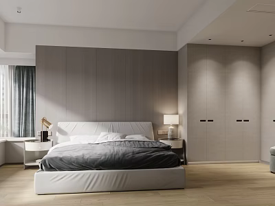 Modern Minimalist Bedroom Interior Design With Sleek Headboard And Built In Wardrobes 3d model