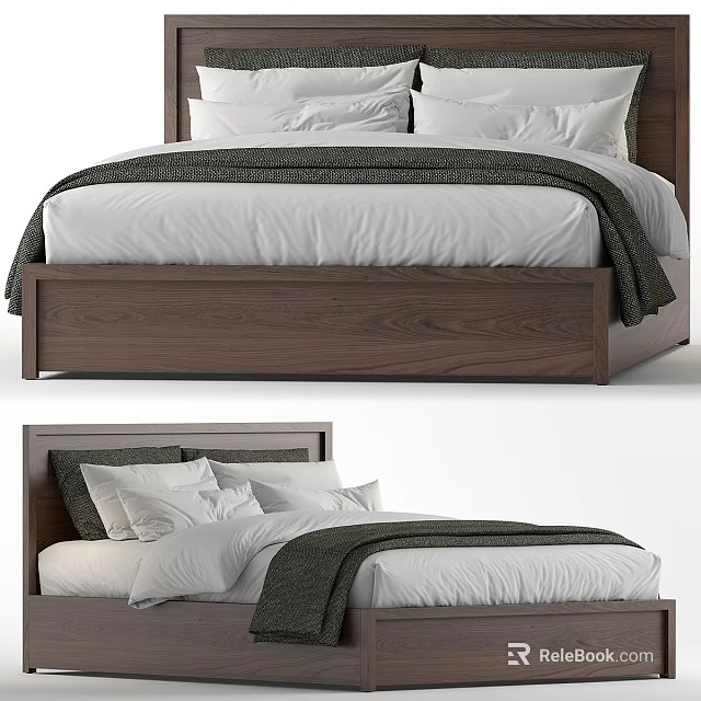 Simple Walnut Wooden Double Bed With White Sheets Pillows And Dark Blanket 3d model 