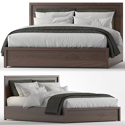 Simple Walnut Wooden Double Bed With White Sheets Pillows And Dark Blanket 3d model