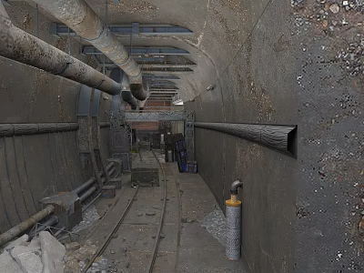 Industrial Underground Tunnel Structure With Metal Pipes Railway Tracks And Concrete Walls 3d model