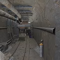 Industrial Underground Tunnel Structure With Metal Pipes Railway Tracks And Concrete Walls