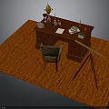Mahogany Writing Desk With Lamp Books Candlesticks And Chair On Orange Rug