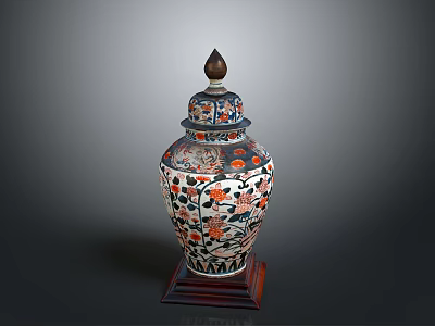 Carved Decorative Vase With Colorful Floral Patterns Ornate Lid And Wooden Base 3d model