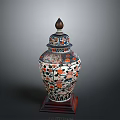 Carved Decorative Vase With Colorful Floral Patterns Ornate Lid And Wooden Base