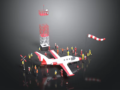 Red and White Airplane Miniature Scene with Tower Figures and Checkered Flag 3d model