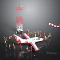 Red and White Airplane Miniature Scene with Tower Figures and Checkered Flag