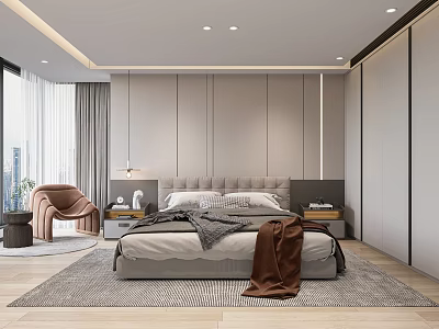 Modern Bedroom Interior Design With Large Bed Brown Chair And Floor to Ceiling Windows 3d model