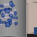 Art Installation With Hanging Blue And White Word Bubbles Against Curved Wall And Blue Boxes