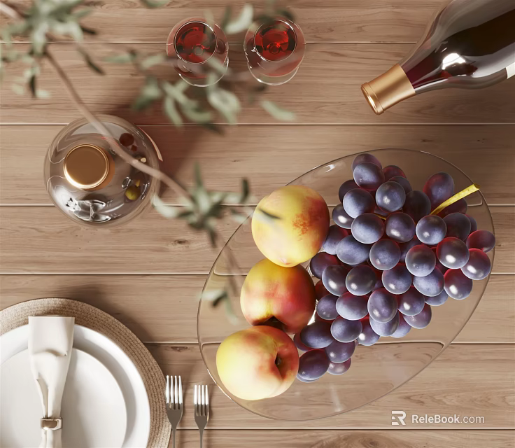 Elegant Ceramic Ware Display on Wooden Table with Fresh Fruits Wine Glasses and Olive Branch 3d model 
