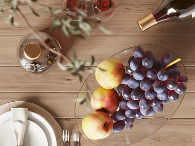 Elegant Ceramic Ware Display on Wooden Table with Fresh Fruits Wine Glasses and Olive Branch 3d model