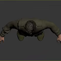 Man in Green Overalls Standing with Hands Naturally Hanging Down on Gray Background