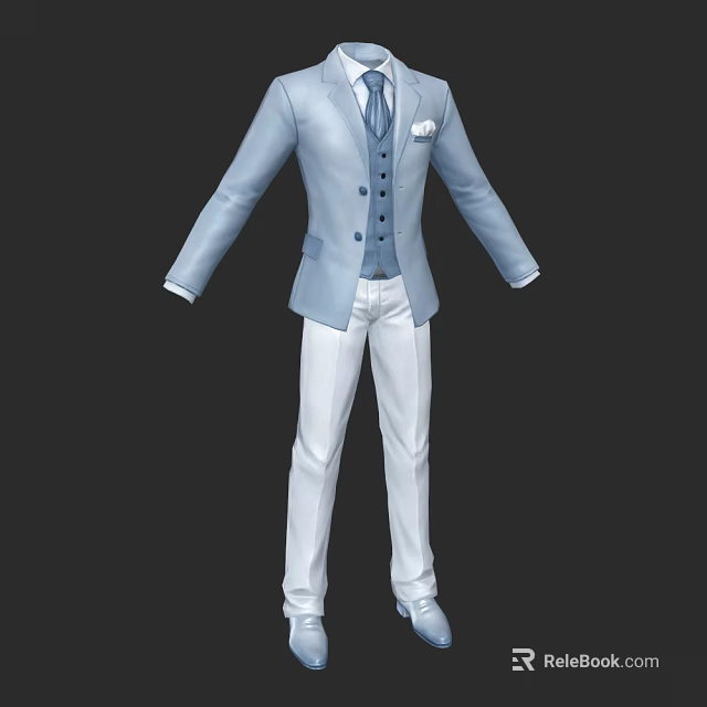 Light Blue Suit Outfit With Vest Tie White Pants And Pocket Square 3d model 