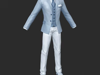 Light Blue Suit Outfit With Vest Tie White Pants And Pocket Square 3d model
