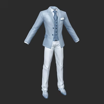 Light Blue Suit Outfit With Vest Tie White Pants And Pocket Square 3d model