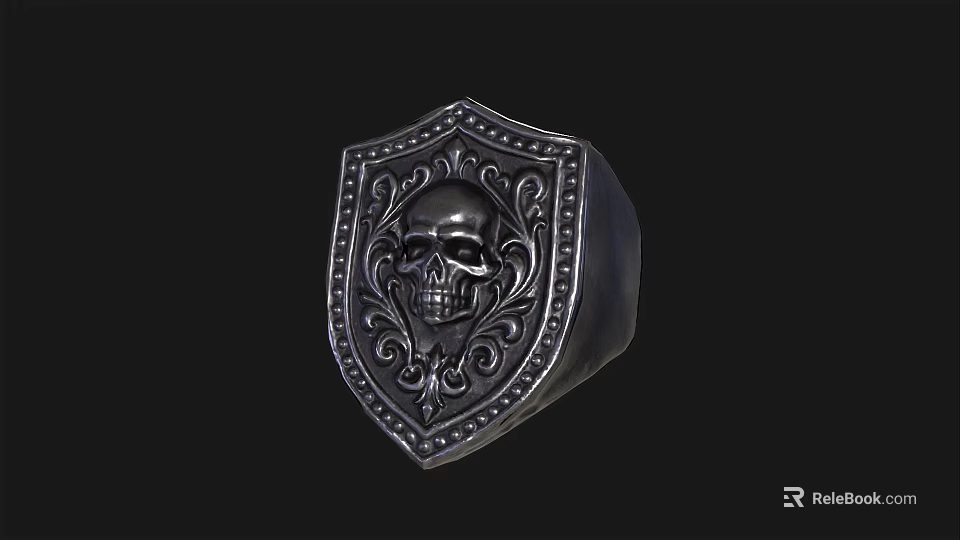 Silver Shield Shaped Ring with Intricate Skull Pattern and Ornate Decorative Details 3d model
