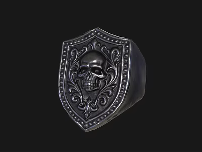 Silver Shield Shaped Ring with Intricate Skull Pattern and Ornate Decorative Details 3d model