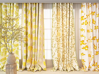 Beautiful Yellow Curtains With Lemon And Floral Patterns For Home Interior 3d model