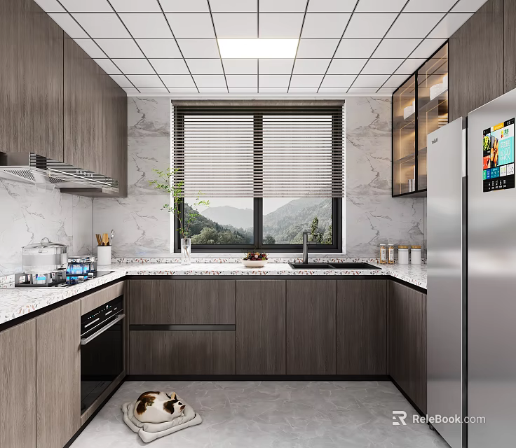 Modern Kitchen Interior With Wooden Cabinets Marble Countertops Window And Refrigerator Appliances 3d model 