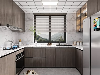 Modern Kitchen Interior With Wooden Cabinets Marble Countertops Window And Refrigerator Appliances 3d model