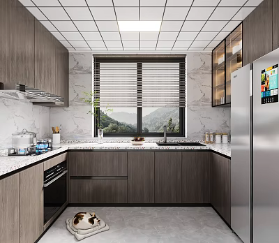 Modern Kitchen Interior With Wooden Cabinets Marble Countertops Window And Refrigerator Appliances 3d model