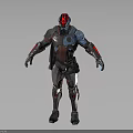 Standing Biomechanical Sci-Fi Character In Mechanical Armor With Red Helmet And Blue Glowing Parts 3d model