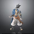 Mythical Humanoid Character With Gray Hair Blue Coat Orange Sash Armor And Weapon